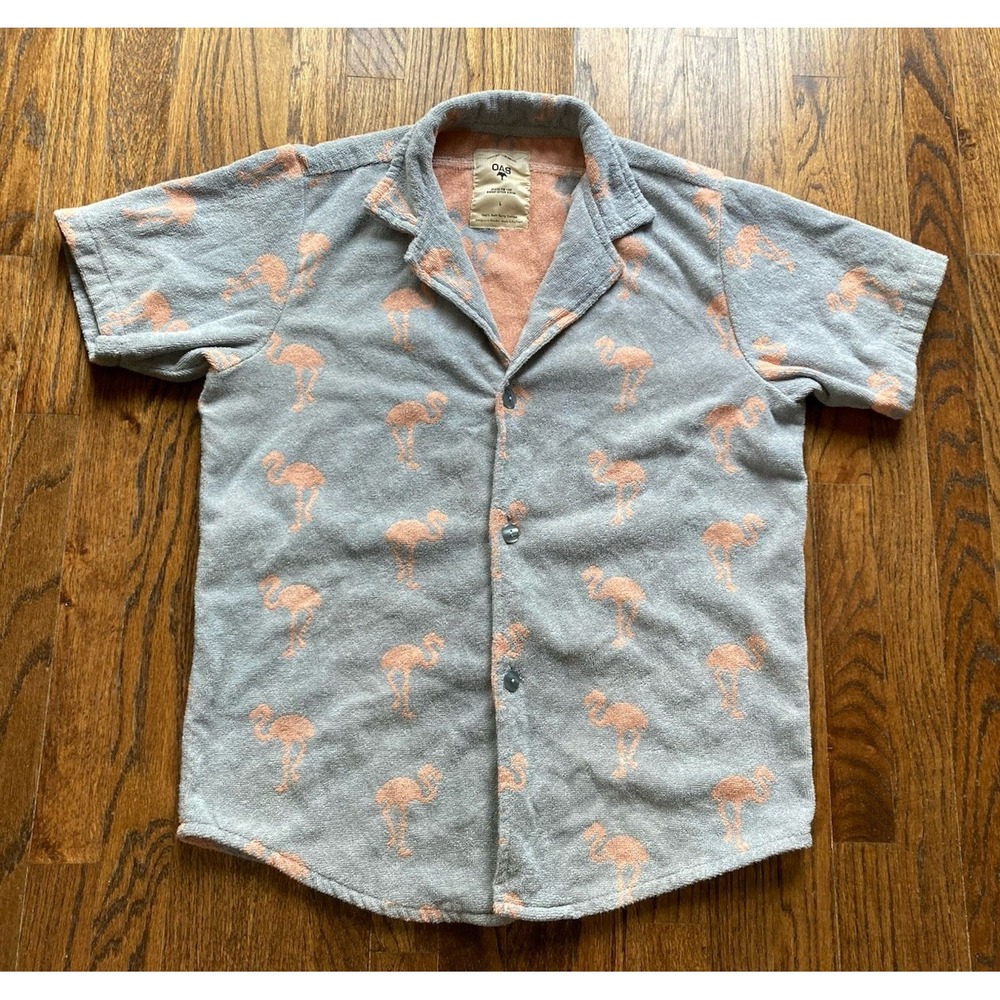 OAS Terry Shirt Mens Size Large Flamingos Short Sleeve Button Up Swim Portugal